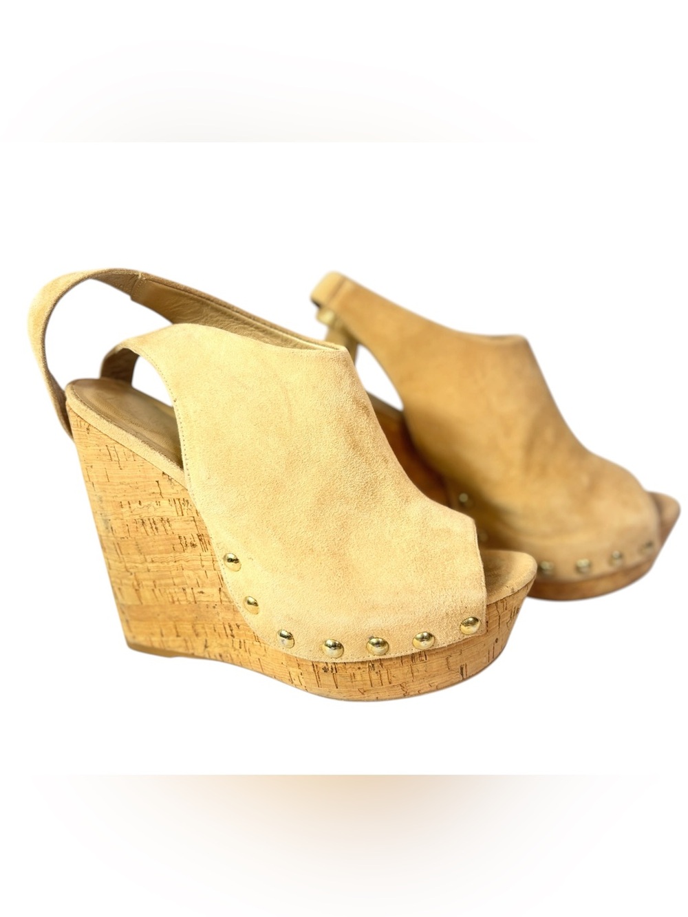 Steward Weitzman Women’s Tan Suede Cork Wedge Platform Mule Heels‎ 9.5
